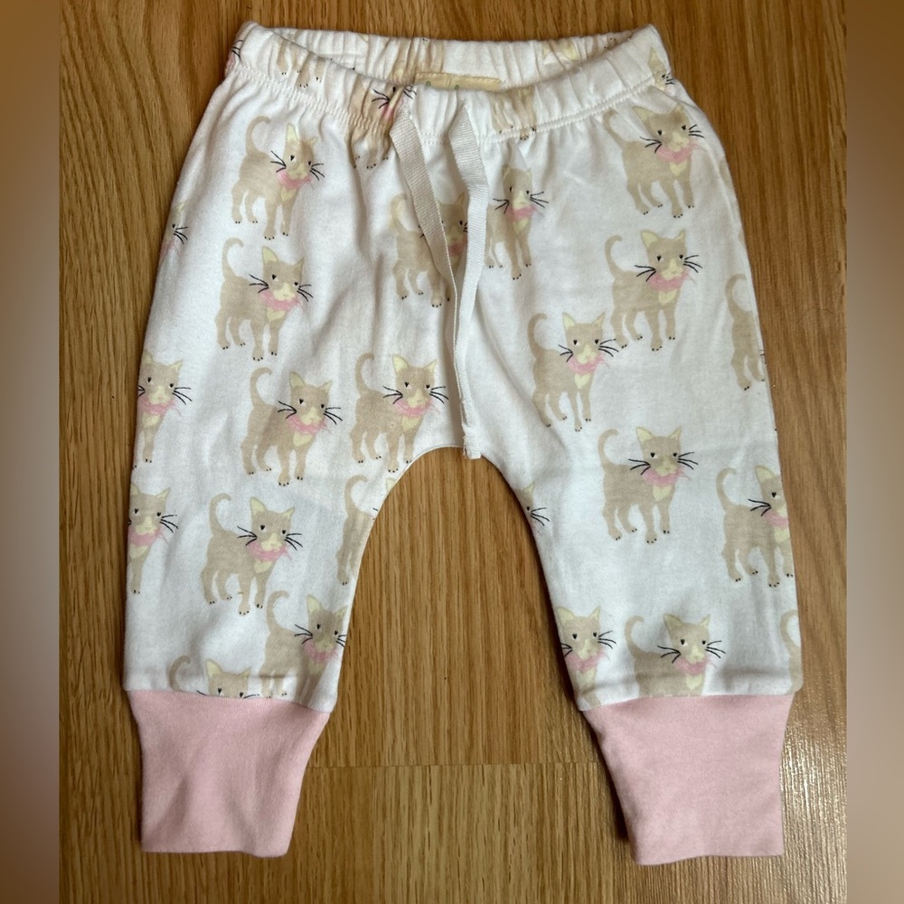 Sapling Organic Cotton El Gato Tan Cat Pants White Pull On 3-6 months NWT